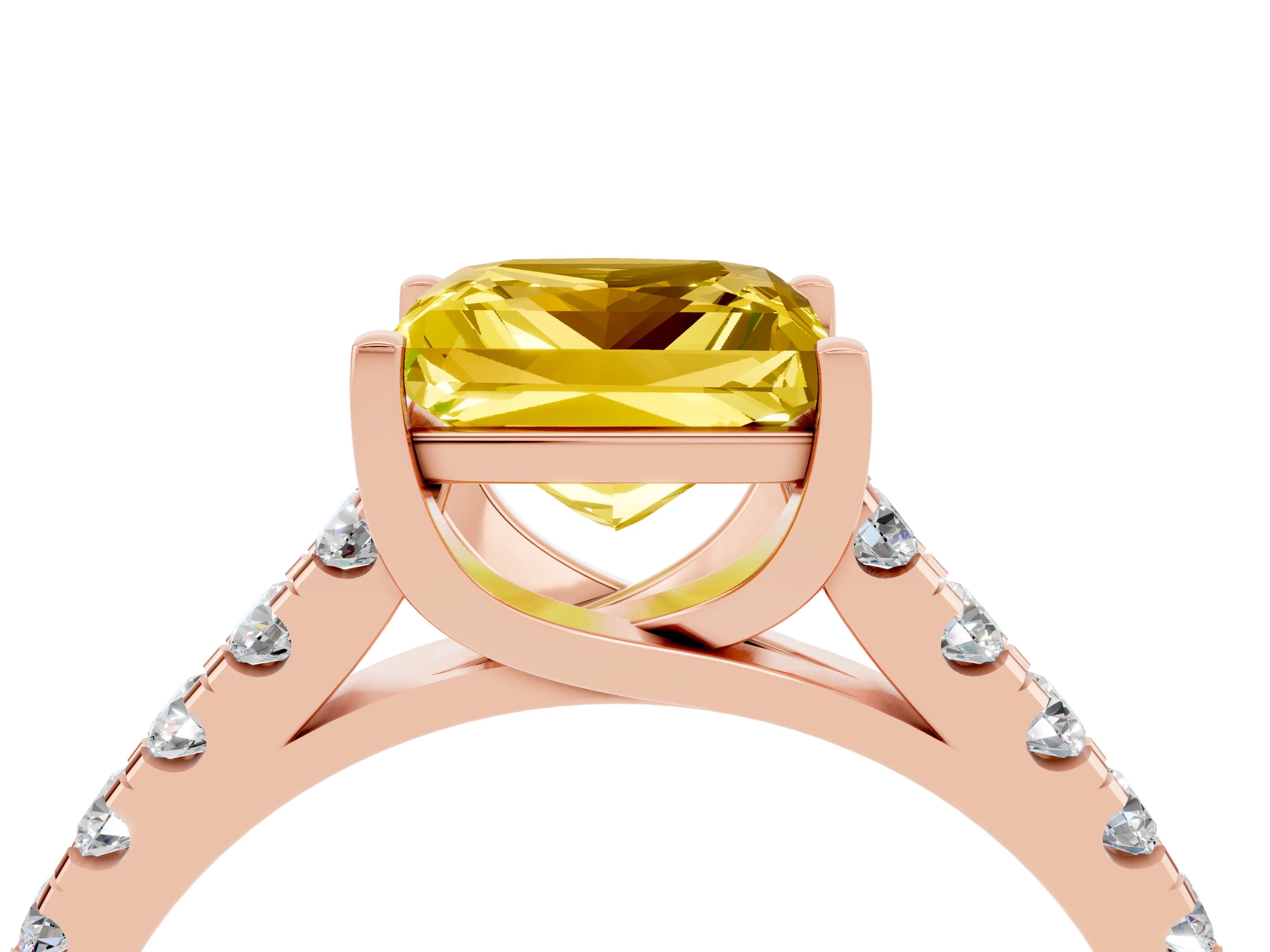 Rose gold {shape_name} Yellow Sapphire Solitaire Ring with Pavé Band and Four-Prong Setting_4