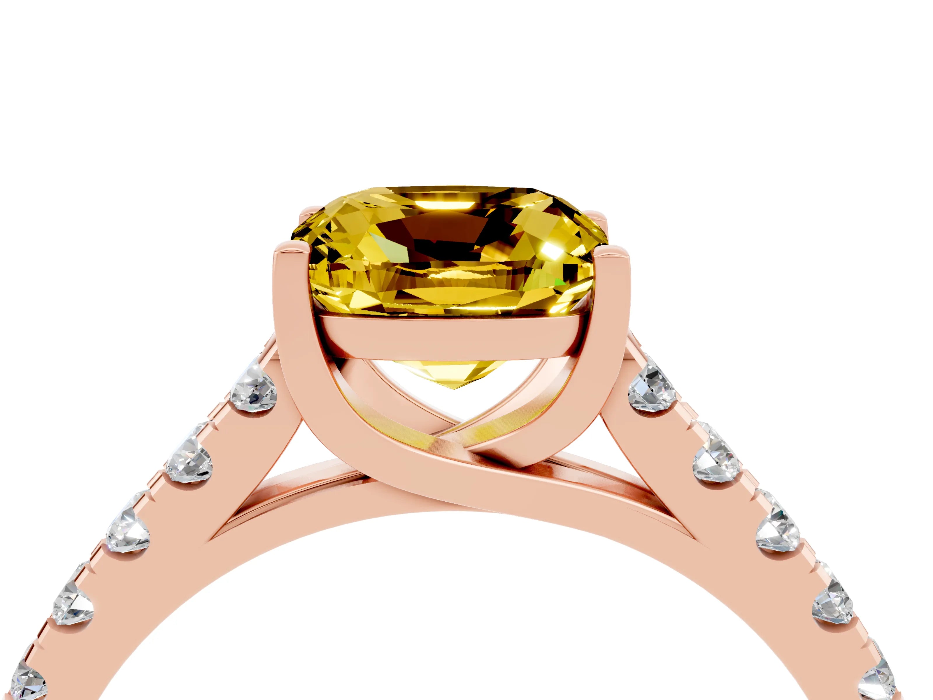 Rose gold {shape_name} Yellow Sapphire Solitaire Ring with Pavé Band and Four-Prong Setting_4