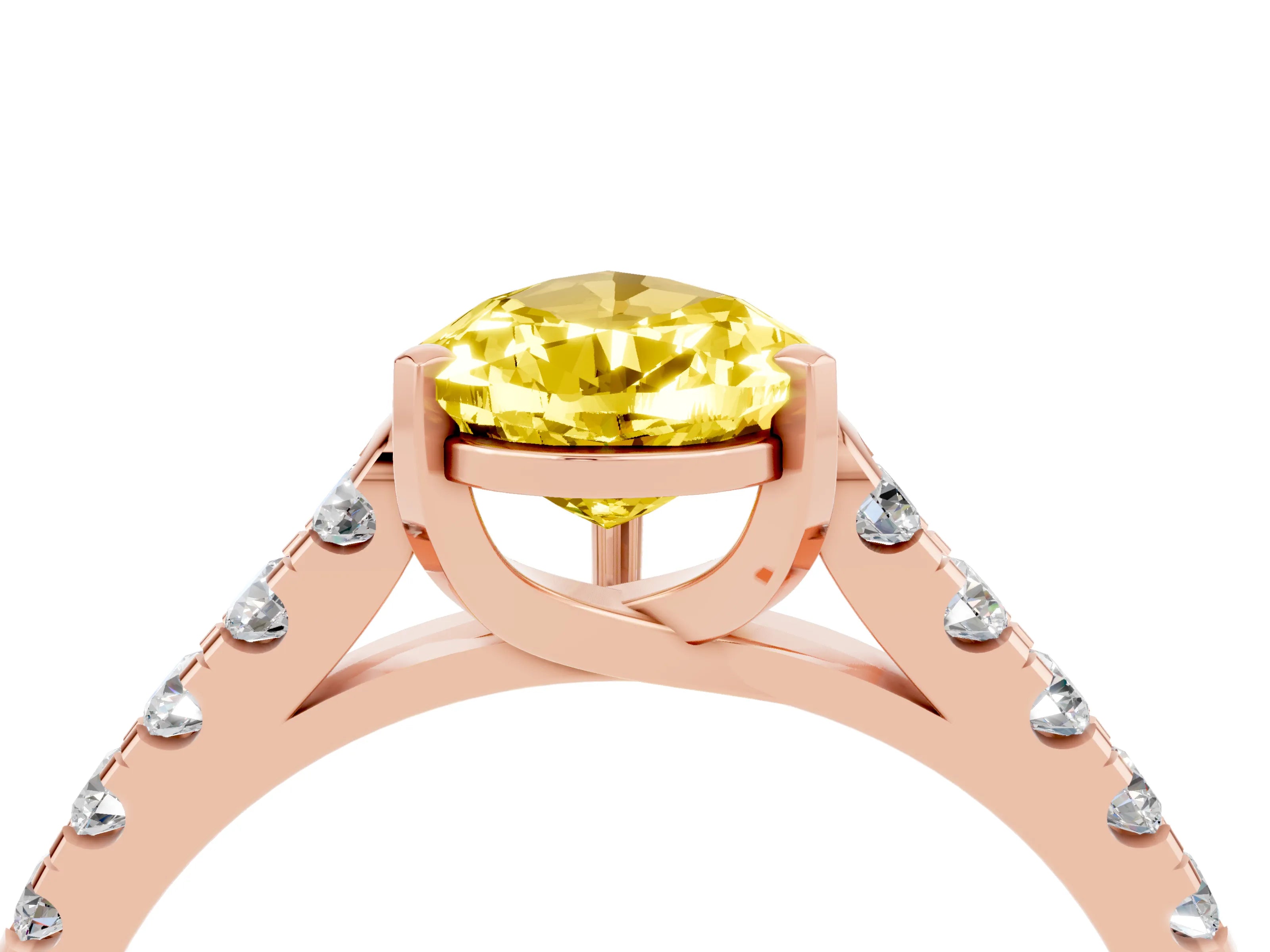 Rose gold {shape_name} Yellow Sapphire Solitaire Ring with Pavé Band and Four-Prong Setting_4