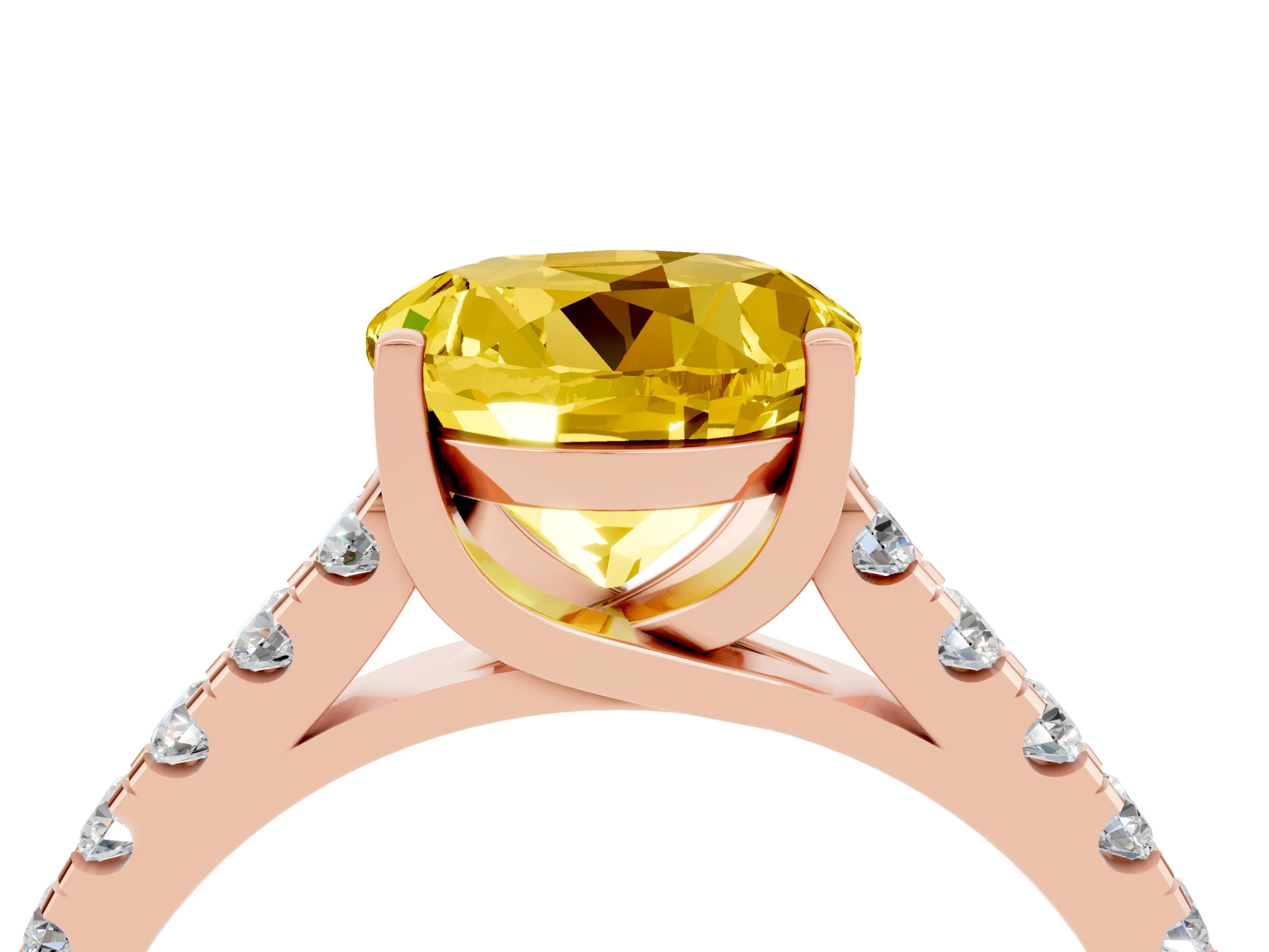 Rose gold {shape_name} Yellow Sapphire Solitaire Ring with Pavé Band and Four-Prong Setting_4