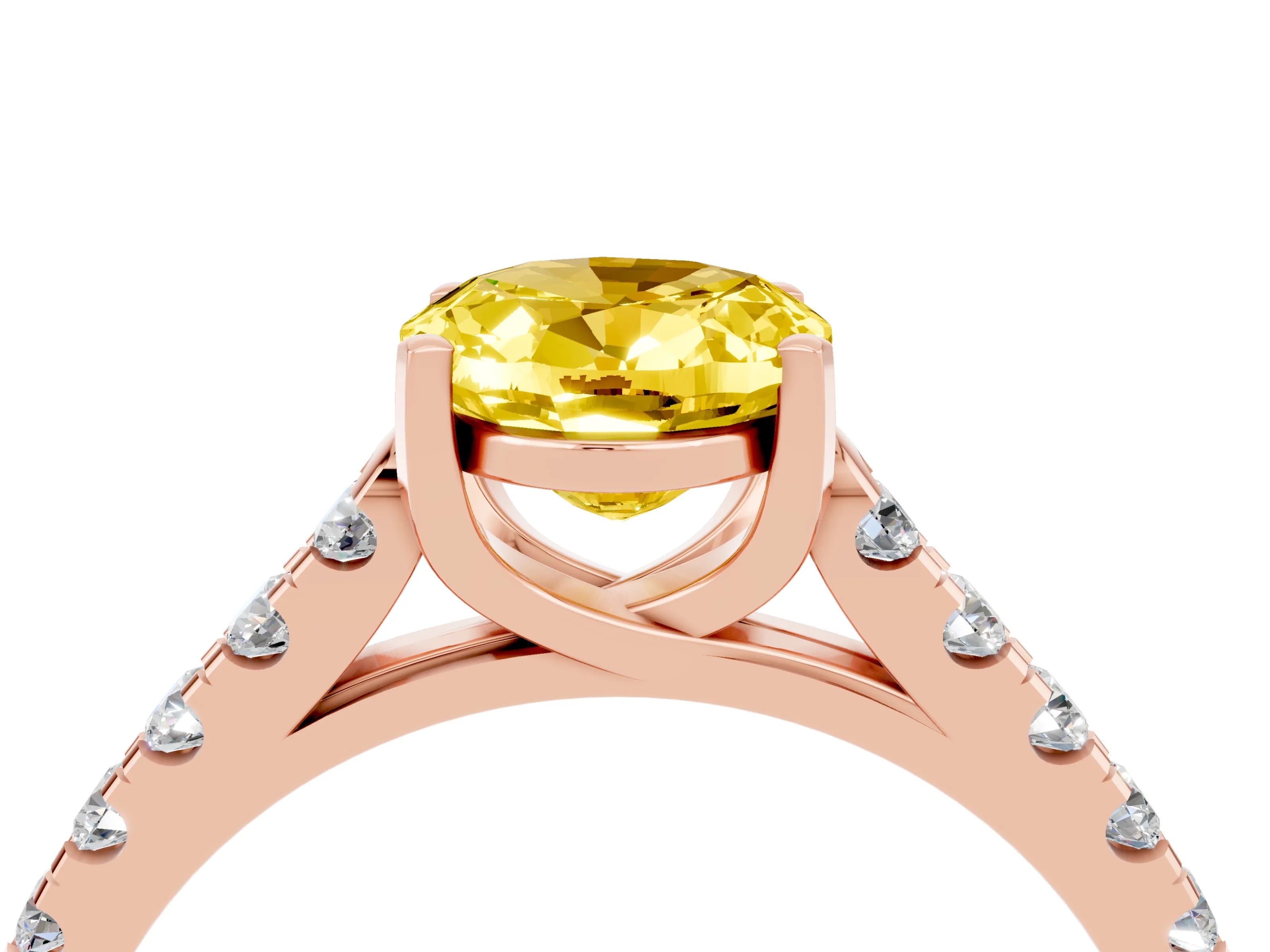 Rose gold {shape_name} Yellow Sapphire Solitaire Ring with Pavé Band and Four-Prong Setting_4
