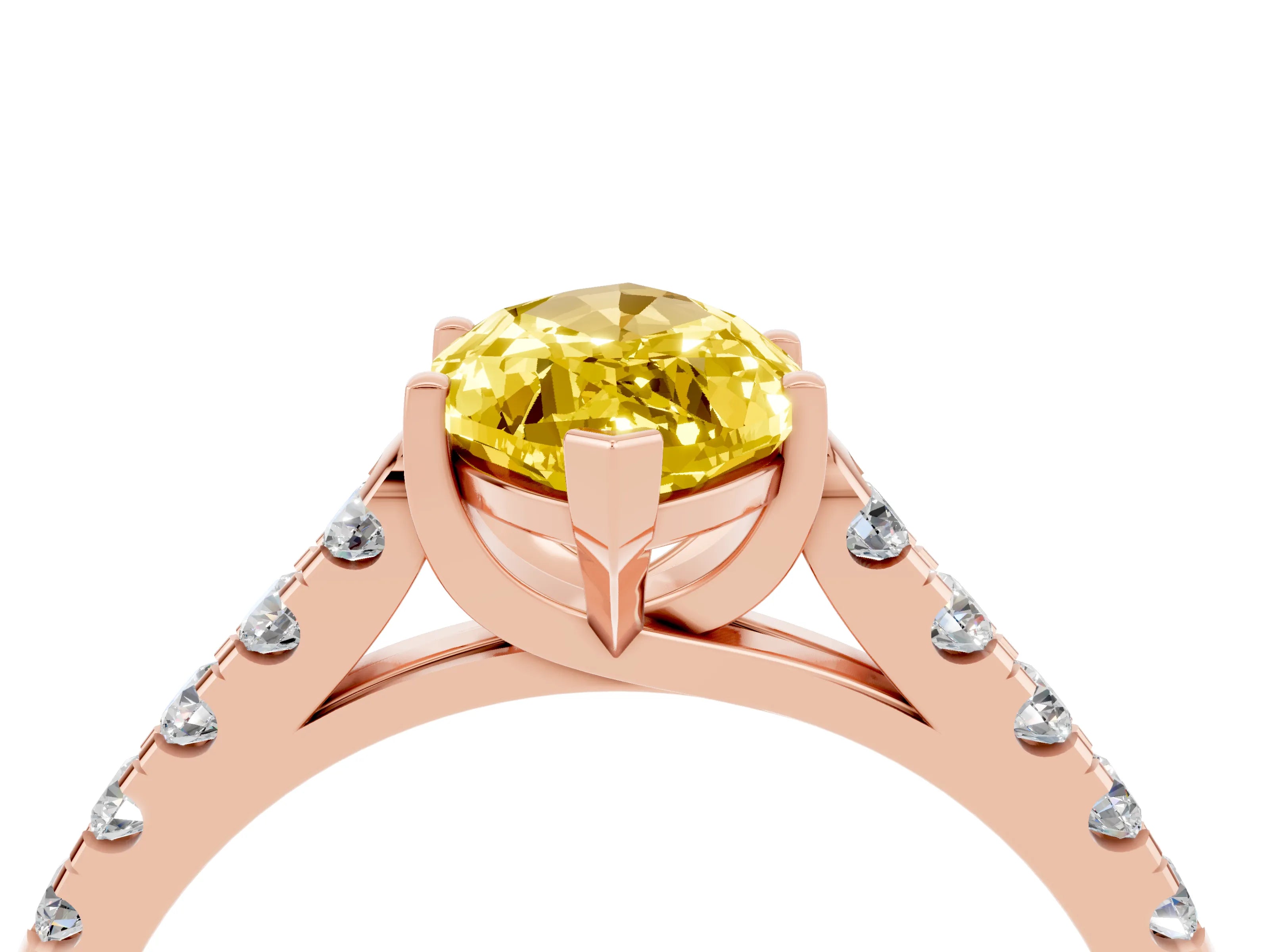 Rose gold {shape_name} Yellow Sapphire Solitaire Ring with Pavé Band and Four-Prong Setting_4