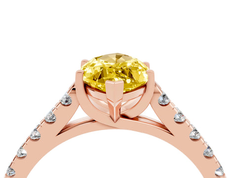 Rose gold {shape_name} Yellow Sapphire Solitaire Ring with Pavé Band and Four-Prong Setting_4