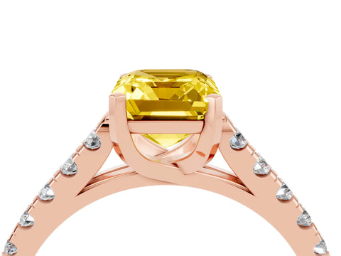 Rose gold {shape_name} Yellow Sapphire Solitaire Ring with Pavé Band and Four-Prong Setting_4