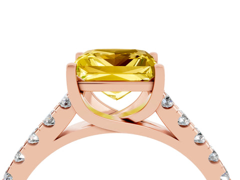 Rose gold {shape_name} Yellow Sapphire Solitaire Ring with Pavé Band and Four-Prong Setting_4