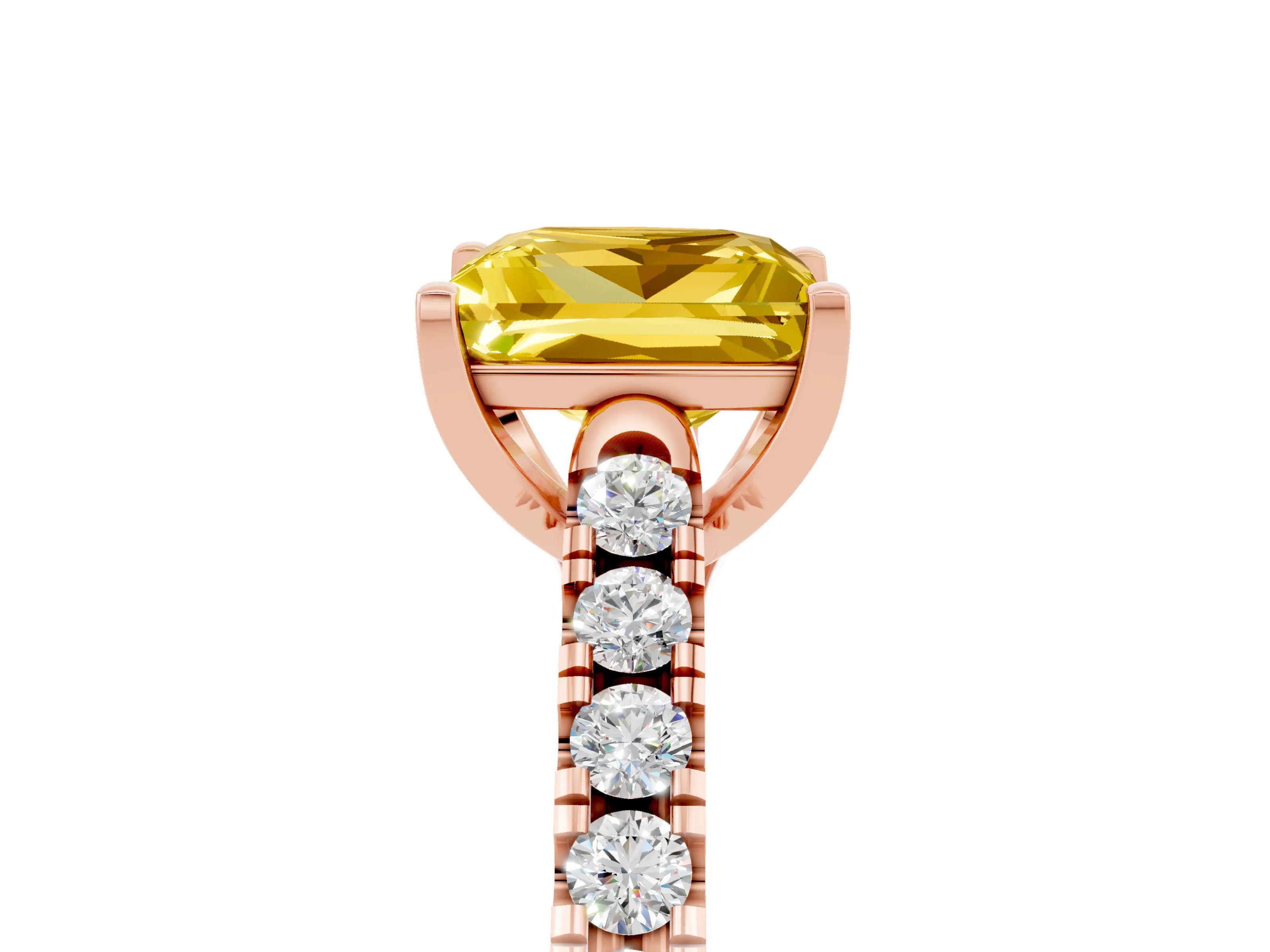 Rose gold {shape_name} Yellow Sapphire Solitaire Ring with Pavé Band and Four-Prong Setting_5