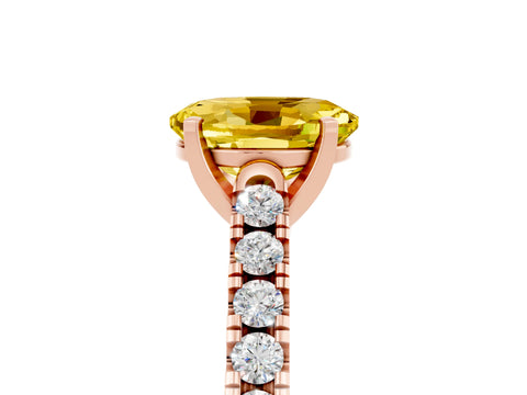 Rose gold {shape_name} Yellow Sapphire Solitaire Ring with Pavé Band and Four-Prong Setting_5