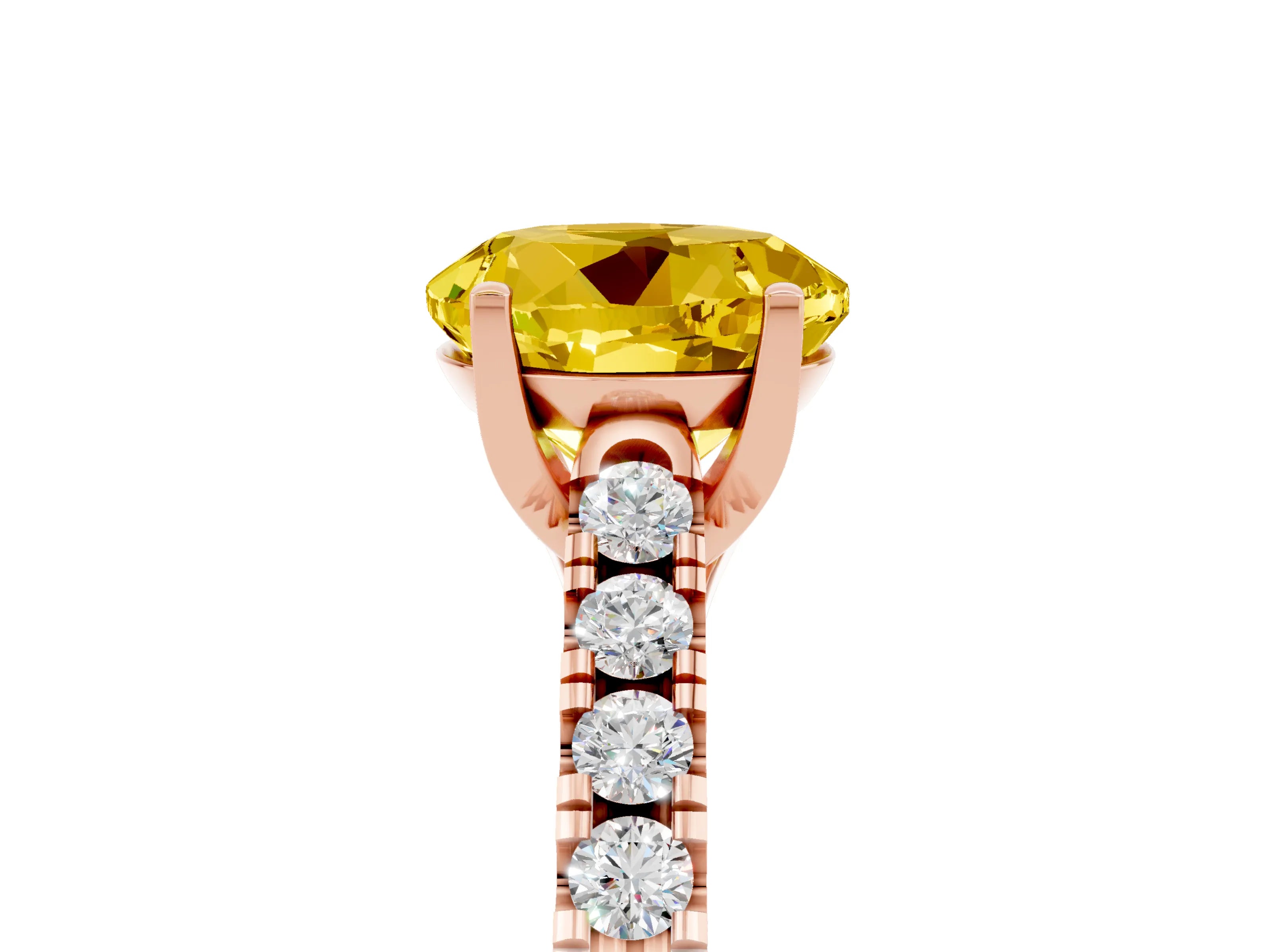 Rose gold {shape_name} Yellow Sapphire Solitaire Ring with Pavé Band and Four-Prong Setting_5