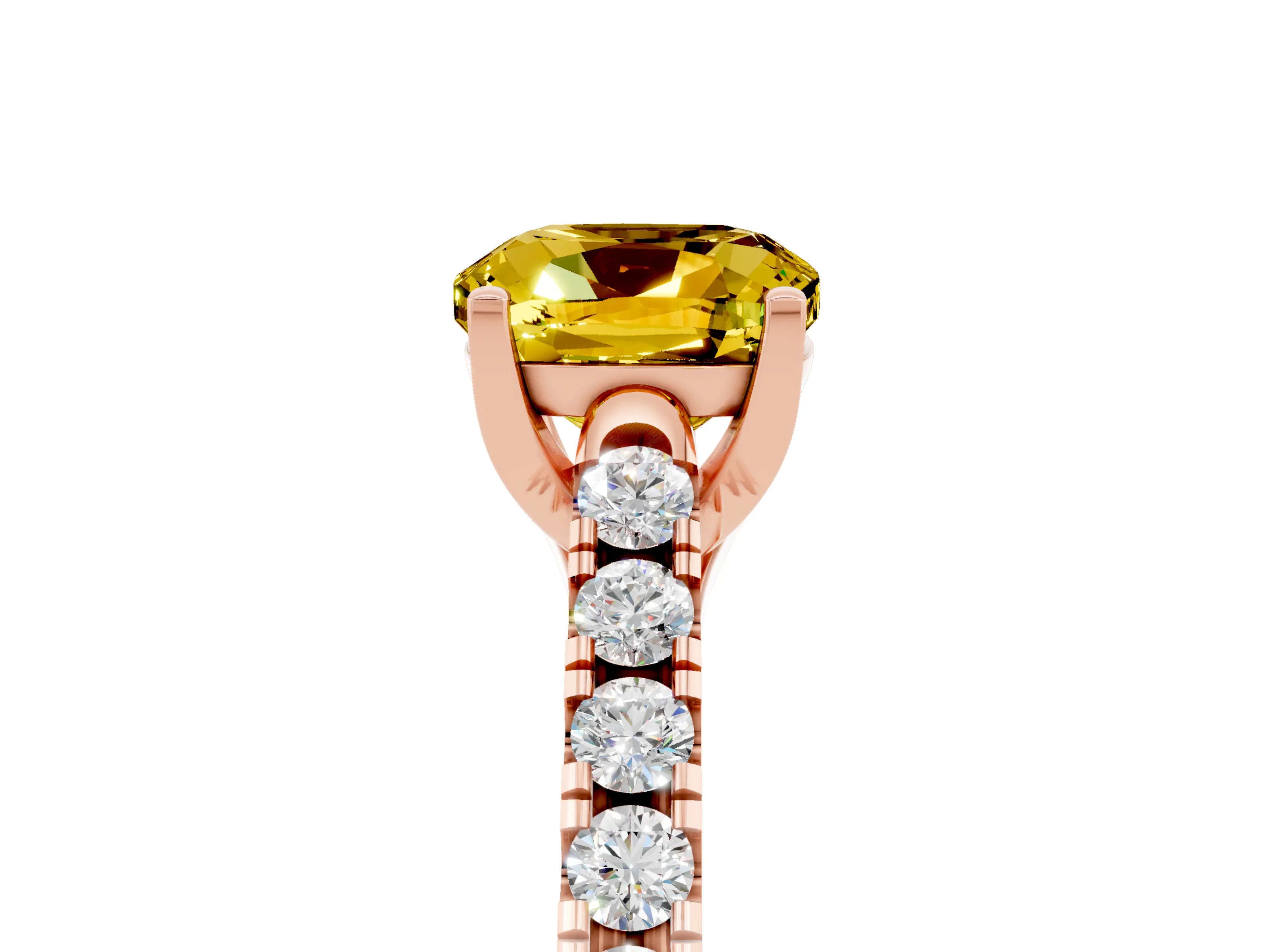 Rose gold {shape_name} Yellow Sapphire Solitaire Ring with Pavé Band and Four-Prong Setting_5
