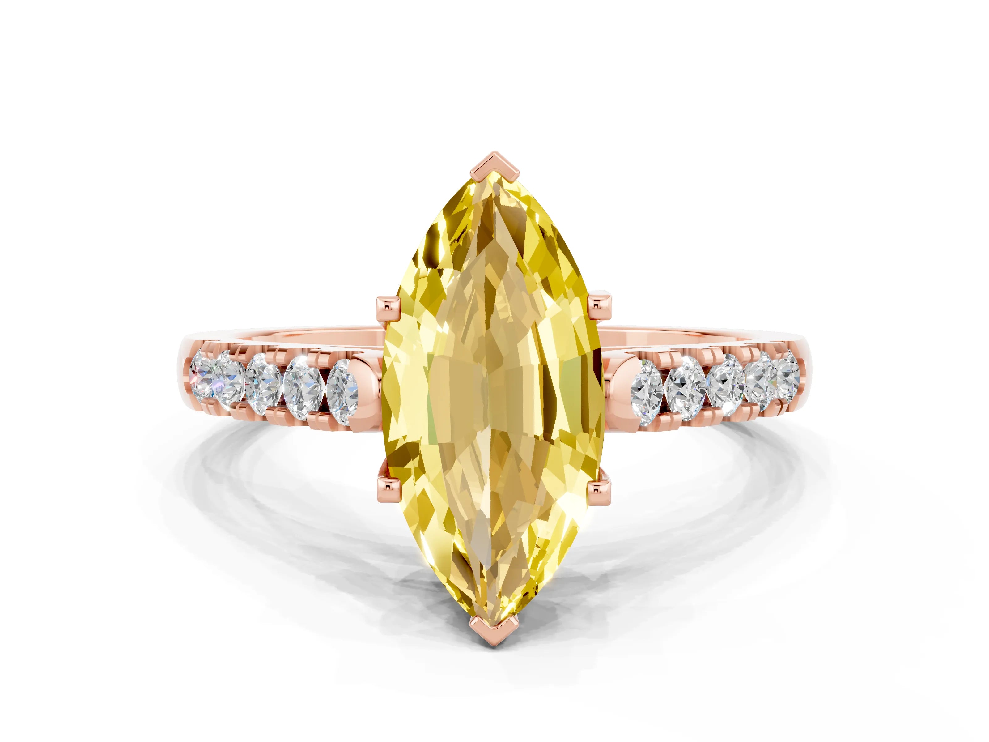 Rose gold {shape_name} Yellow Sapphire Solitaire Ring with Pavé Band and Four-Prong Setting