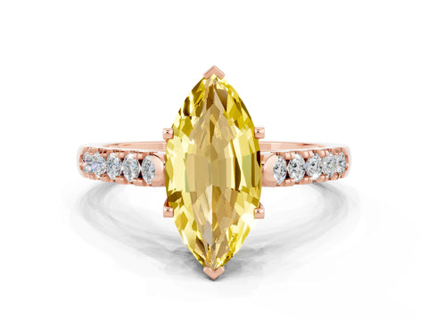 Rose gold {shape_name} Yellow Sapphire Solitaire Ring with Pavé Band and Four-Prong Setting