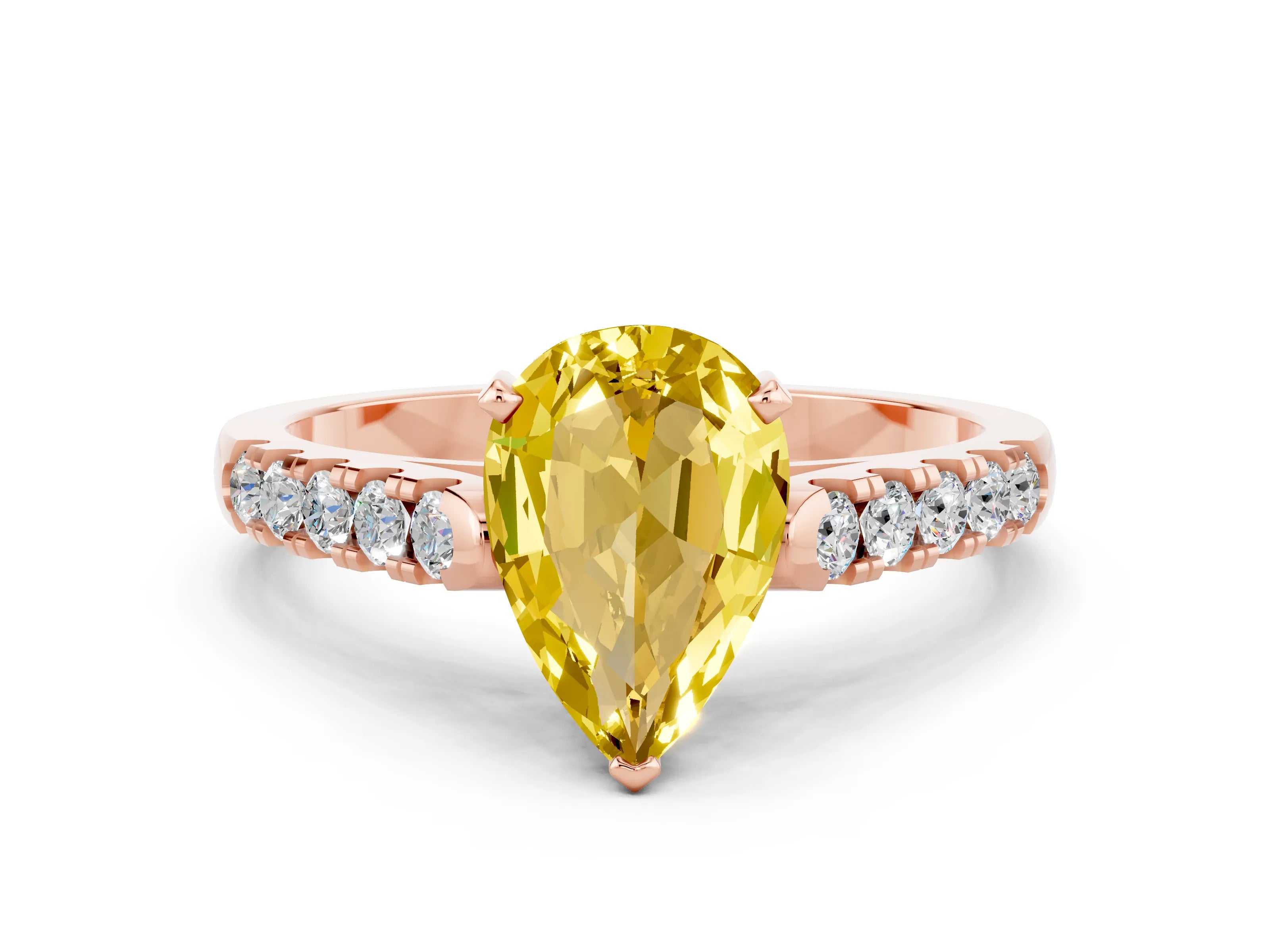 Rose gold {shape_name} Yellow Sapphire Solitaire Ring with Pavé Band and Four-Prong Setting