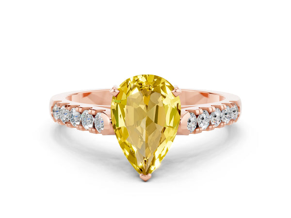 Rose gold Pear Cut Yellow Sapphire Pavé Band Solitaire Ring with Prong Setting