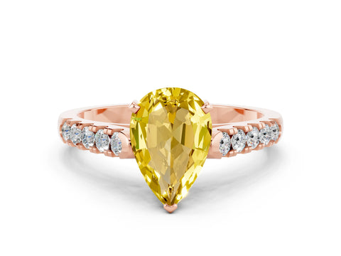 Rose gold {shape_name} Yellow Sapphire Solitaire Ring with Pavé Band and Four-Prong Setting
