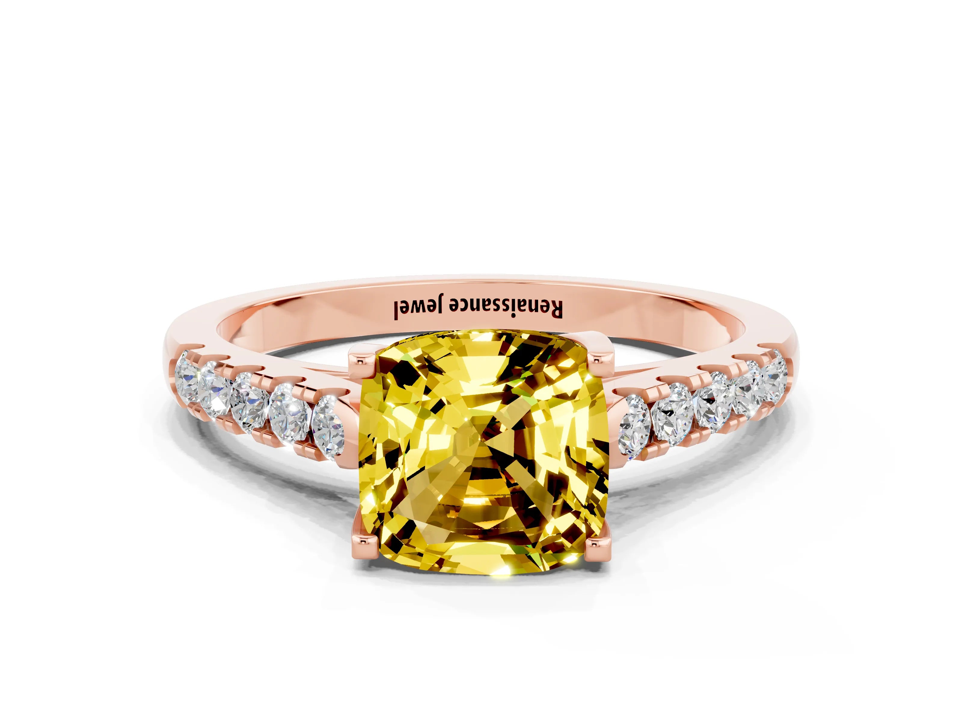 Rose gold {shape_name} Yellow Sapphire Solitaire Ring with Pavé Band and Four-Prong Setting