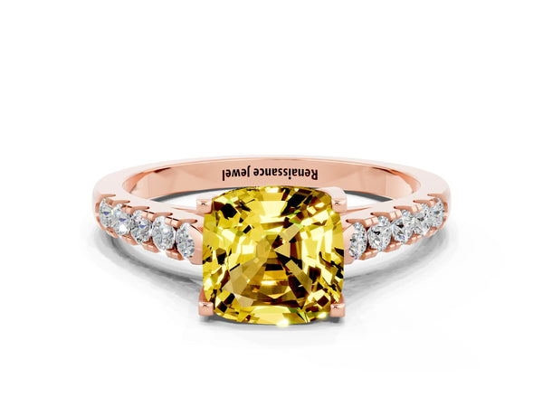 Rose gold Cushion Cut Yellow Sapphire Pavé Band Solitaire Ring with Prong Setting
