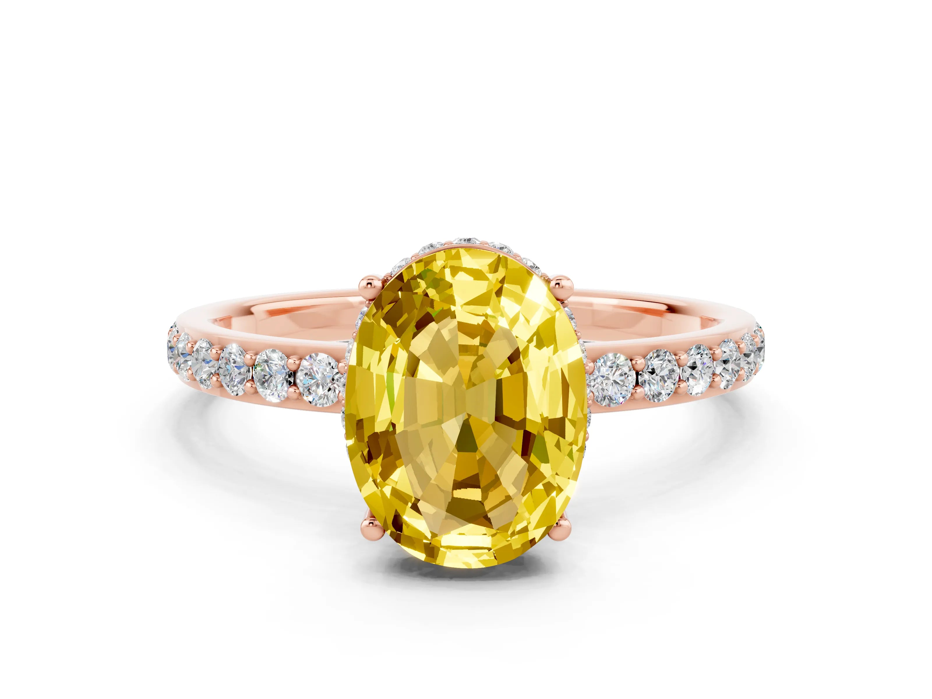 Rose gold {shape_name} Yellow Sapphire Solitaire Ring with Pavé Band and Hidden Halo