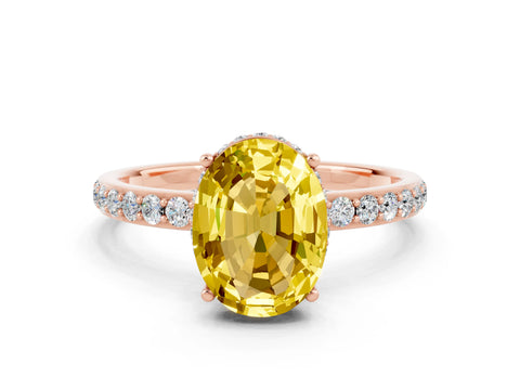 Rose gold {shape_name} Yellow Sapphire Solitaire Ring with Pavé Band and Hidden Halo