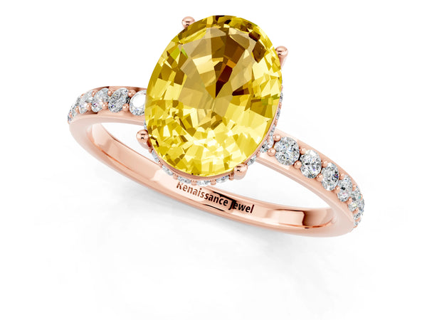Rose gold Oval Cut Yellow Sapphire Solitaire Ring with Pavé Band and Hidden Halo