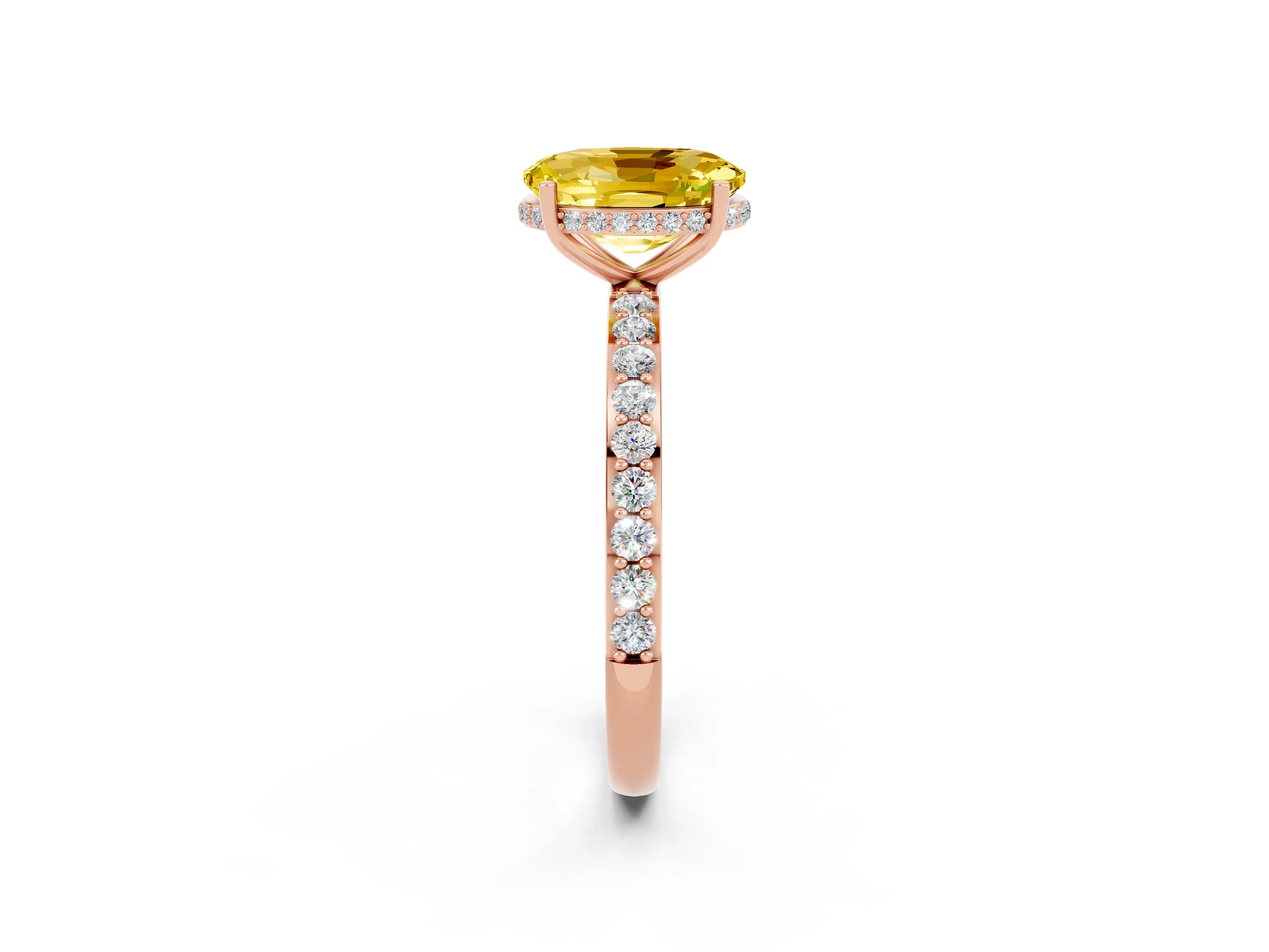 Rose gold {shape_name} Yellow Sapphire Solitaire Ring with Pavé Band and Hidden Halo_2