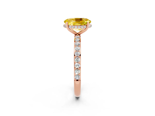 Rose gold Oval Cut Yellow Sapphire Solitaire Ring with Pavé Band and Hidden Halo