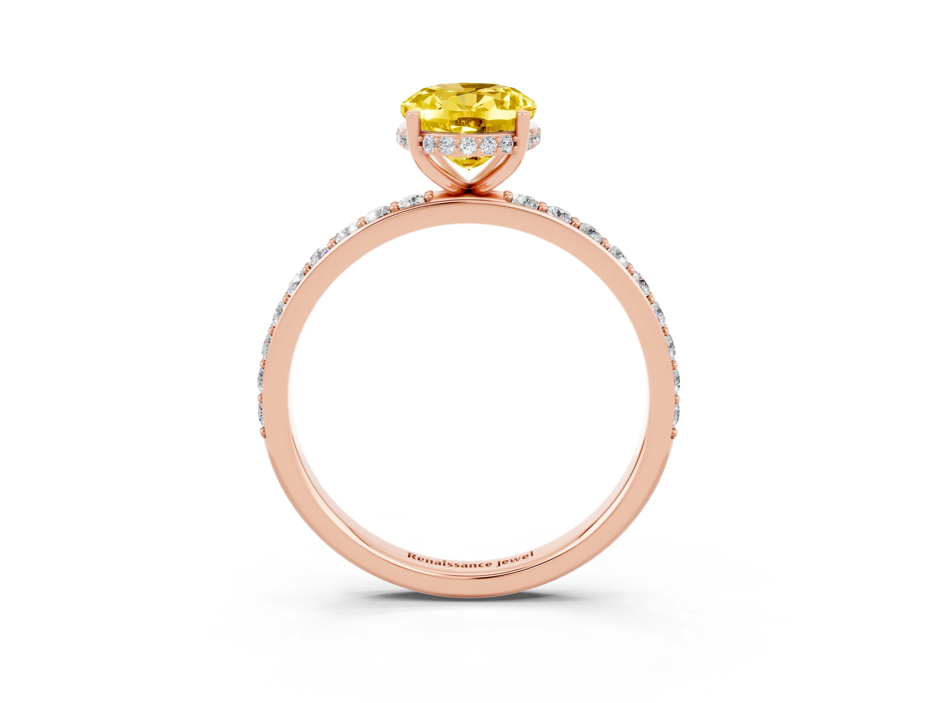 Rose gold {shape_name} Yellow Sapphire Solitaire Ring with Pavé Band and Hidden Halo_3