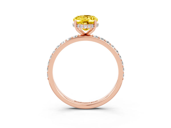 Rose gold Oval Cut Yellow Sapphire Solitaire Ring with Pavé Band and Hidden Halo