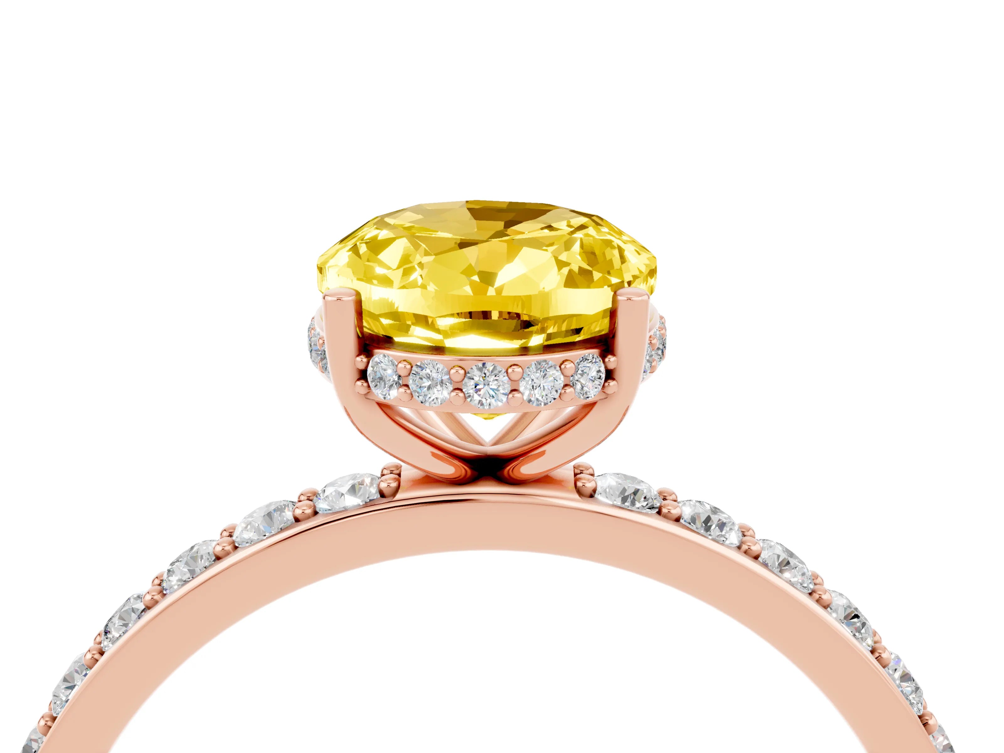 Rose gold {shape_name} Yellow Sapphire Solitaire Ring with Pavé Band and Hidden Halo_4