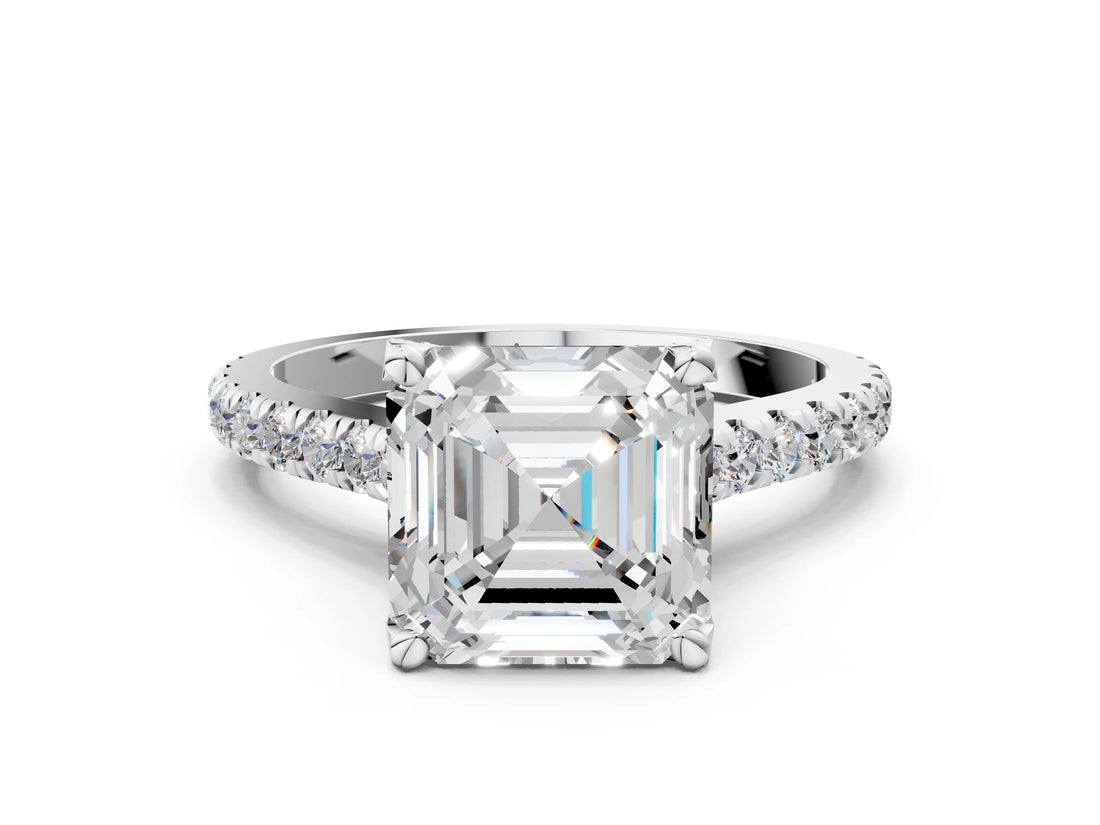 Silver Asscher Brilliant Diamond Solitaire with Pavé Band and Four-Prong Setting 1