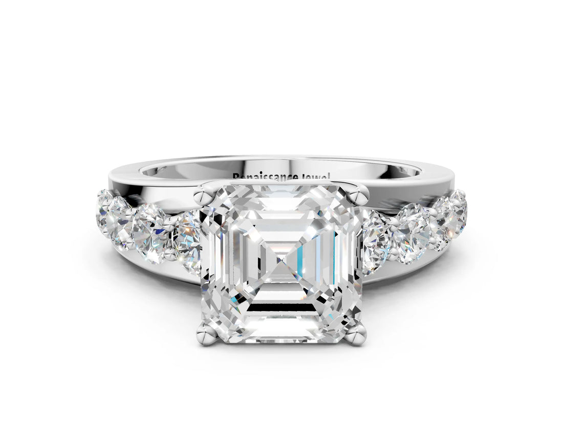Silver Asscher Brilliant Solitaire with Side Stones on a Pave Band and Four-Prong Setting_14