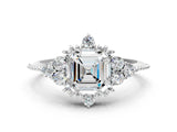 Silver Asscher Cut Brilliant Diamond with Cluster Setting on a Beaded Band and Four-Prong Setting_7