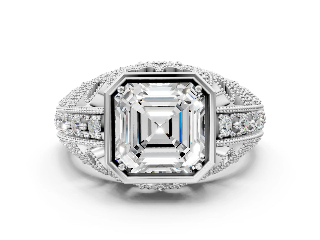 Silver Asscher Cut Brilliant Milgrain Filigree Diamond Ring with Square Prong Setting_13