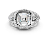 Silver Asscher Cut Brilliant Milgrain Filigree Diamond Ring with Square Prong Setting_13