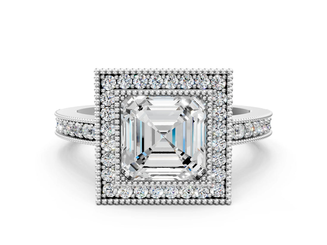 Silver Asscher Cut-Cut Diamond Halo Engagement Ring with Pave Band and Prong Setting_13