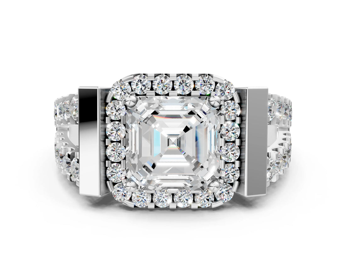 Silver Asscher Cut Cut Halo Split Shank Prong Set Ring_7