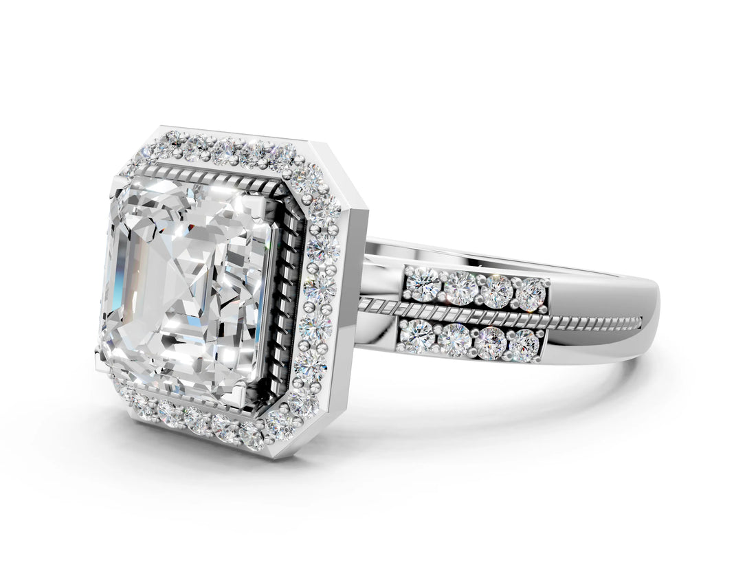 Silver Asscher Cut Diamond Double Halo Ring with Split Shank and Four-Prong Setting_7