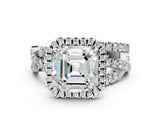 Silver Asscher Cut Diamond Halo Ring with Round Split Shank and Prong Setting
