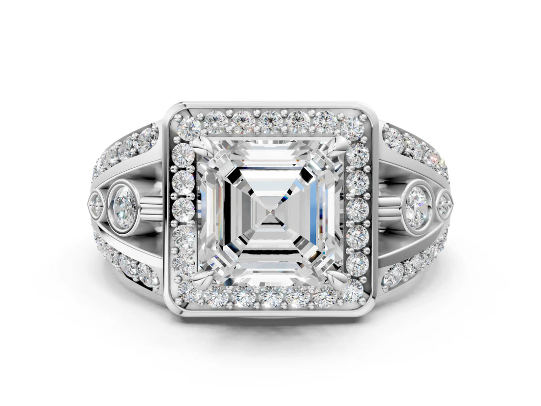 Silver Asscher Cut Diamond Halo Ring with Split Shank and Bezel Accents and Four-Prong Setting_13