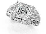 Silver Asscher Cut Diamond Halo Ring with Split Shank and Bezel Accents and Four-Prong Setting_14