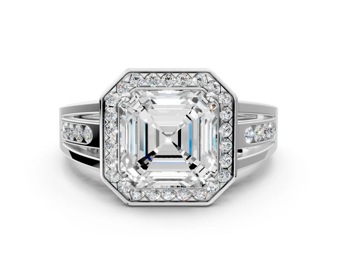 Silver Asscher Cut Diamond Halo Ring with Split Shank and Bezel Accents and Prong Setting_13