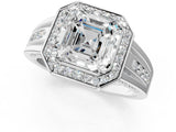 Silver Asscher Cut Diamond Halo Ring with Split Shank and Bezel Accents and Prong Setting_14