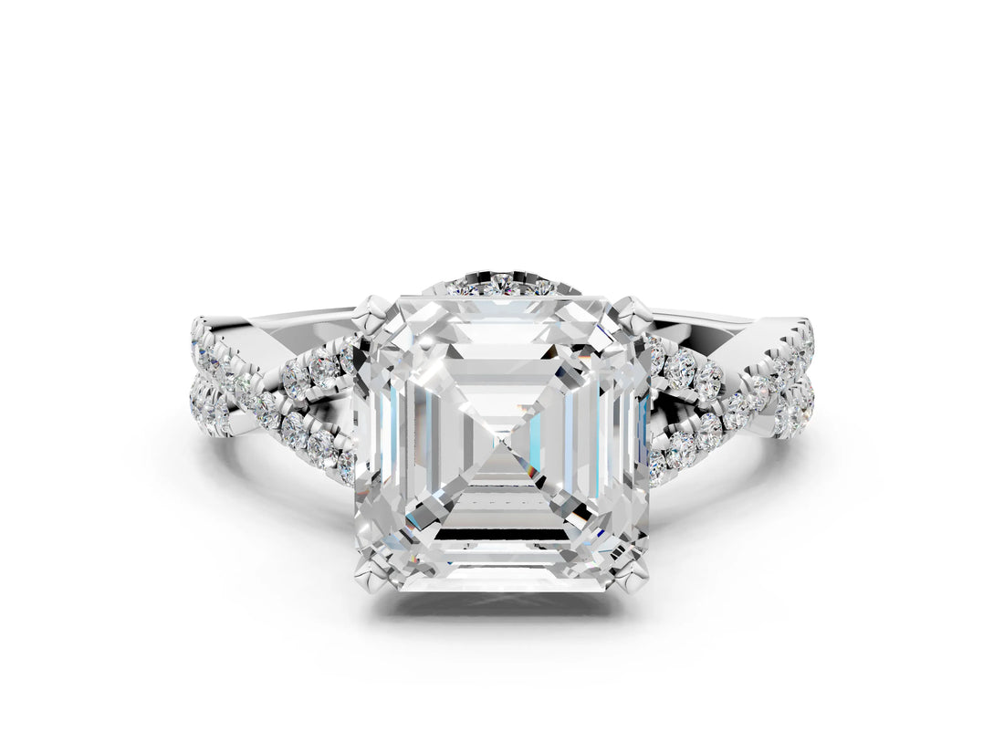 Silver Asscher Cut Diamond  Halo Twist Band Solitaire Prong Setting Ring_12