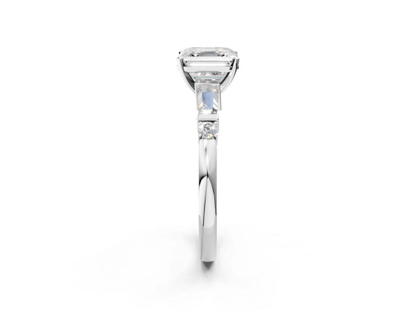 Sterling Silver Asscher Cut Three Stone Engagement Ring Setting with Bar Set Tapered Baguettes