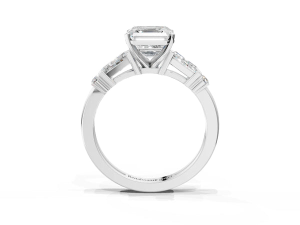 Sterling Silver Asscher Cut Three Stone Engagement Ring Setting with Bar Set Tapered Baguettes