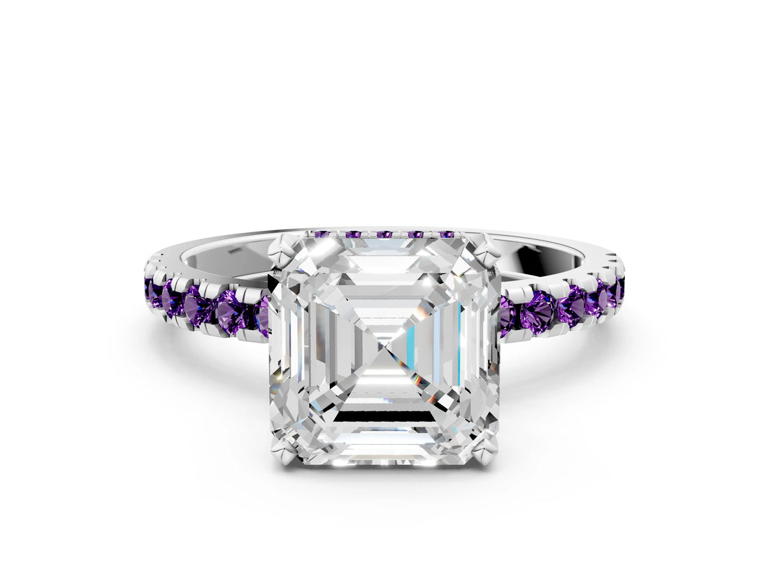 Silver Asscher Cut Diamond Solitaire Ring with Round with Amethyst side stone Pavé Band and Four-Prong Setting_12