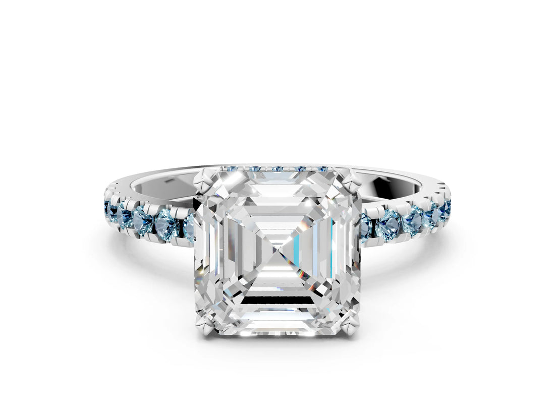 Silver Asscher Cut Diamond Solitaire Ring with Round with Aquamarine side stone Pavé Band and Four-Prong Setting_12