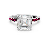 Silver Asscher Cut Diamond Solitaire Ring with Round with Garnet side stone Pavé Band and Four-Prong Setting_12
