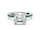 Silver Asscher Cut Diamond Solitaire Ring with Round with Green Sapphire side stone Pavé Band and Four-Prong Setting_12