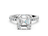 Silver Asscher Cut Diamond Solitaire Ring with Round with Moissanite side stone Pavé Band and Four-Prong Setting_12