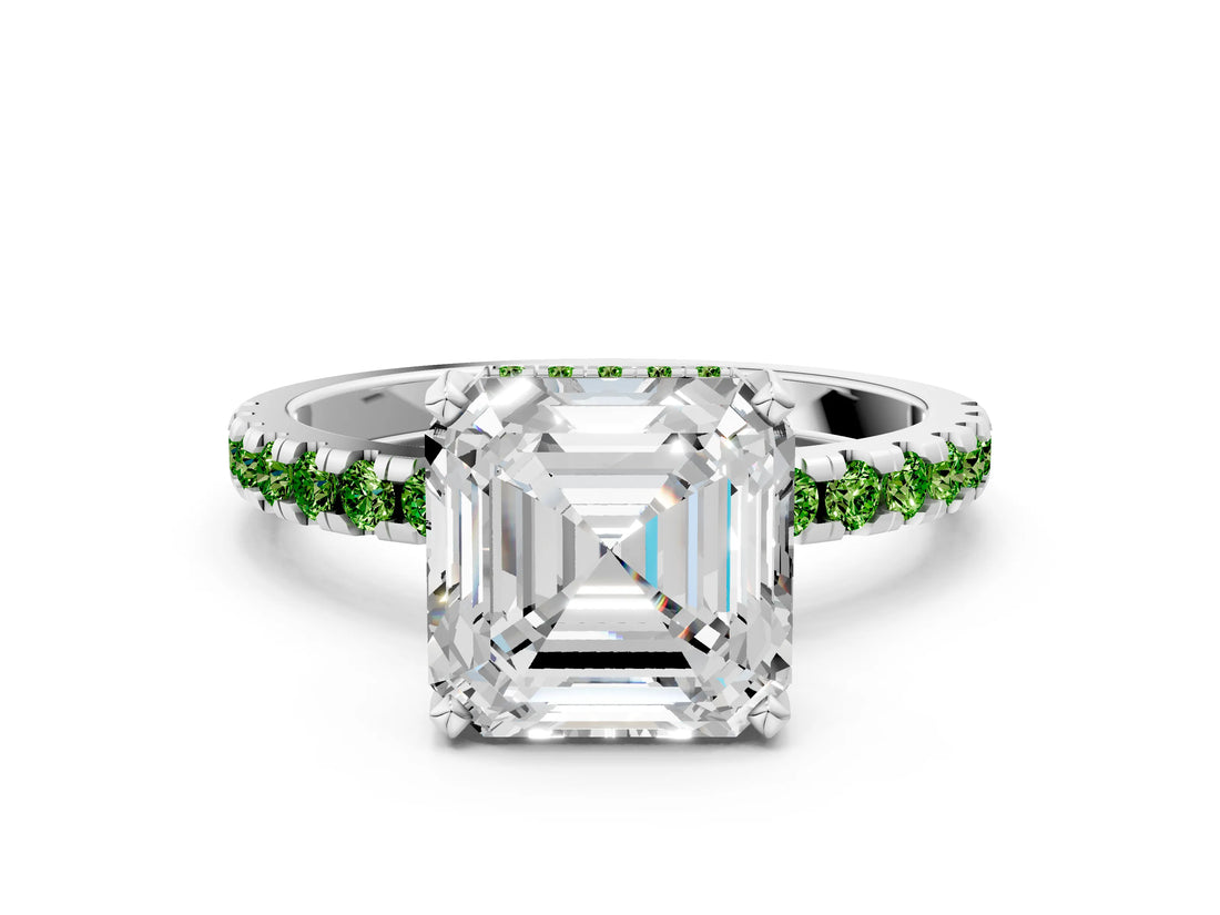 Silver Asscher Cut Diamond Solitaire Ring with Round with Peridot side stone Pavé Band and Four-Prong Setting_12